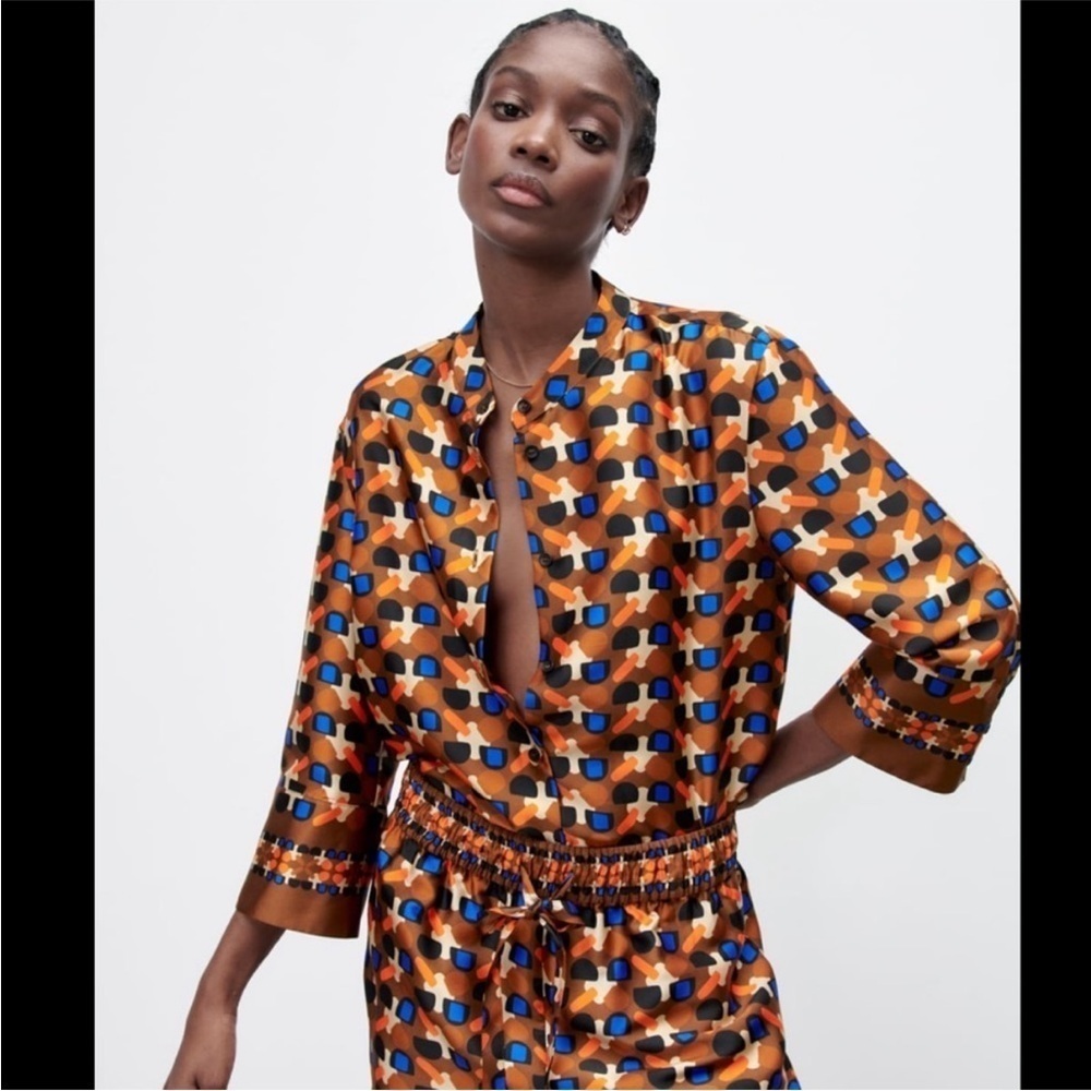 Zara Multicolored Geometric Printed Button Down Long Sleeve Top Blouse Medium